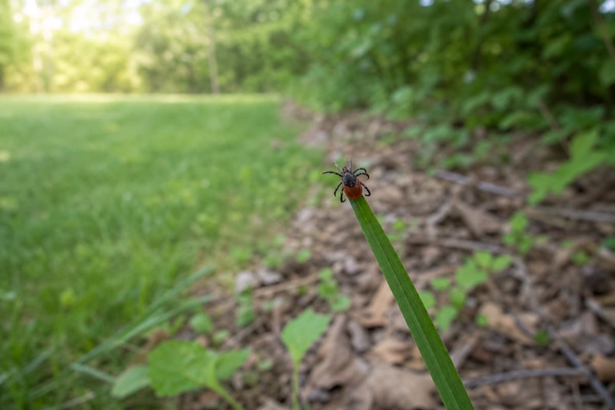 Blacklegged tick questing on grass near a wooded lawn edge