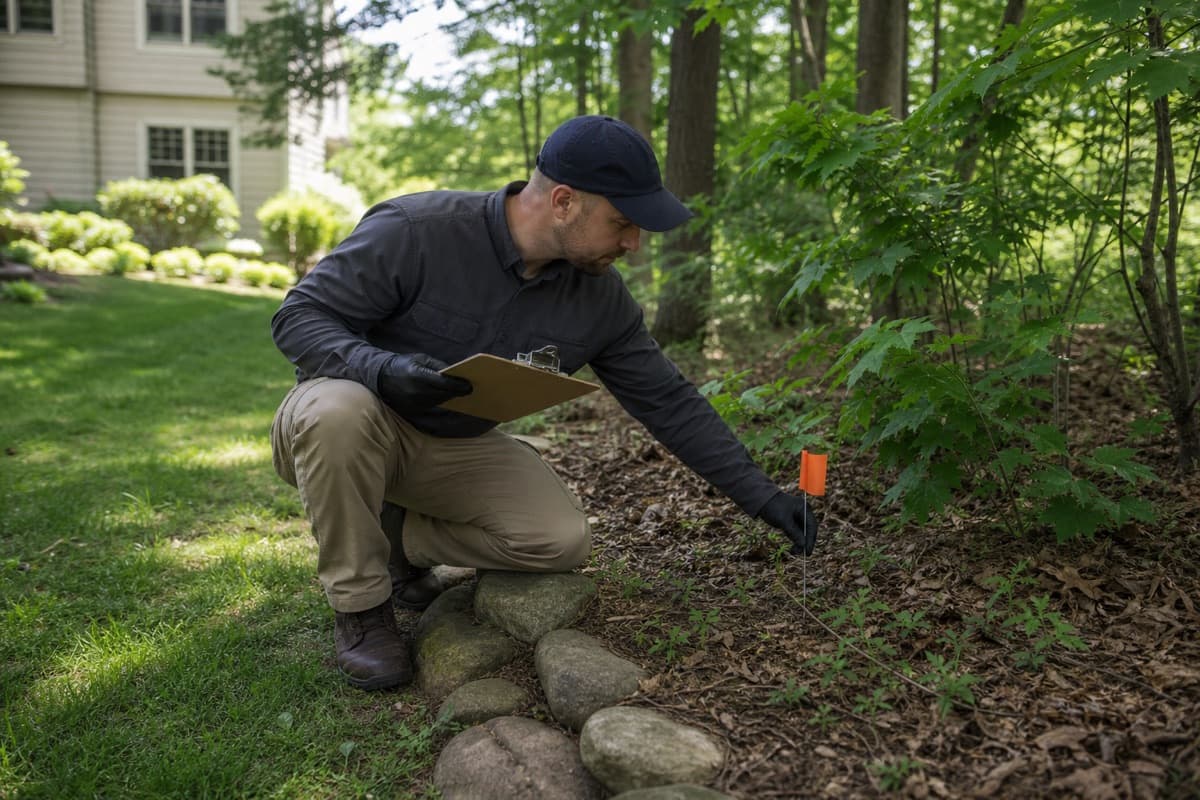 Technician inspecting vegetation at a residential yard edge
